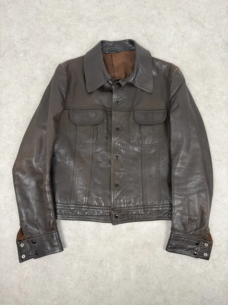2000s Archive Dark Brown Leather Trucker Jacket - Image 3