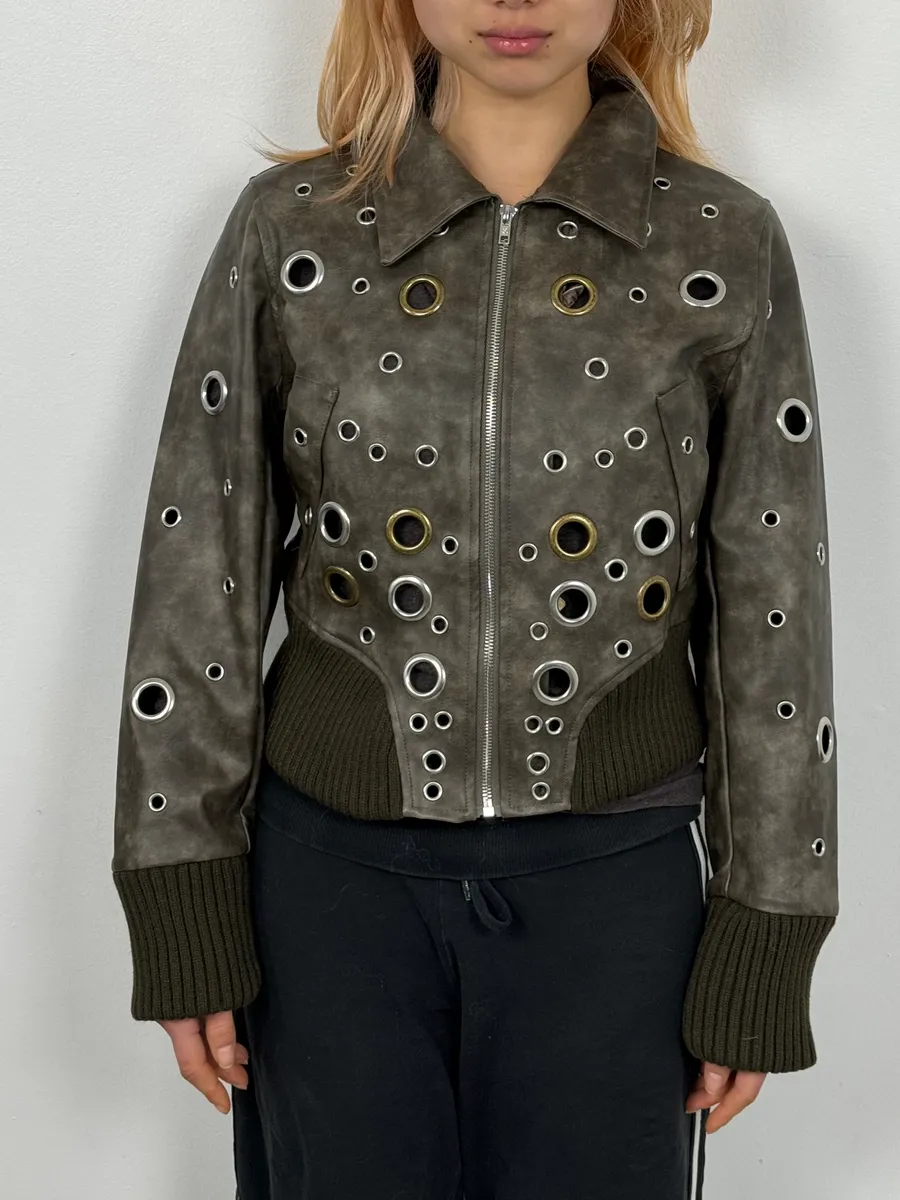 2000s Archive Eylet Brown Eroded Leather Jacket - Image 2