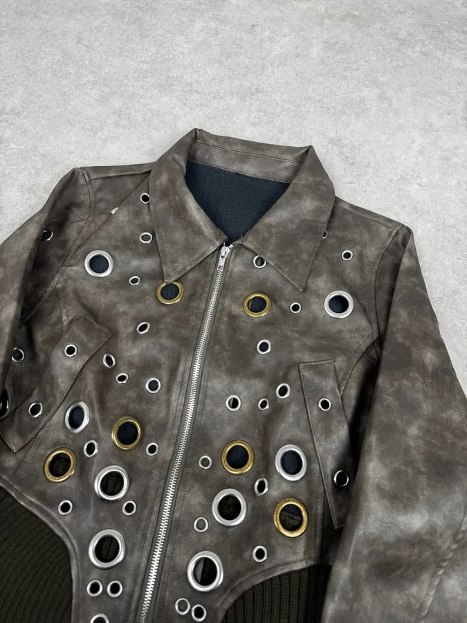 2000s Archive Eylet Brown Eroded Leather Jacket - Image 5