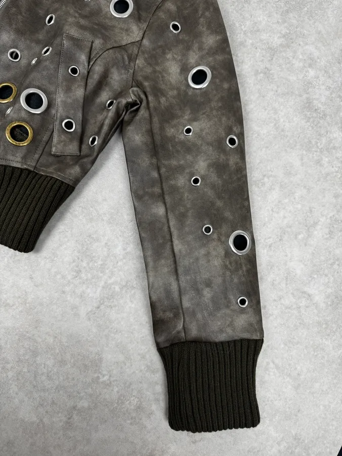 2000s Archive Eylet Brown Eroded Leather Jacket - Image 8