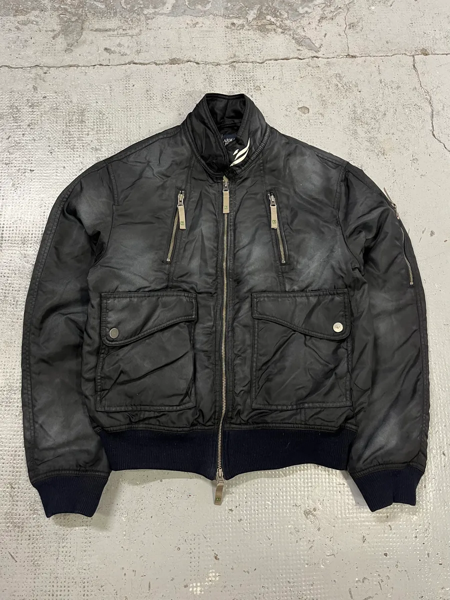 2000s Armani Aero Black Faded Bomber Jacket