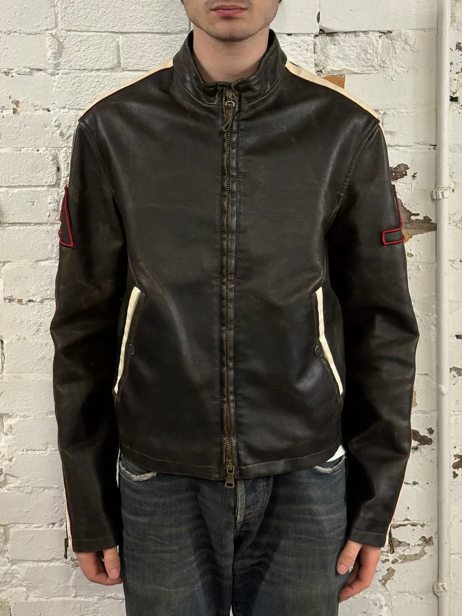 2000s Armani AJ Classic Biker Brown Leather Jacket - Image 2
