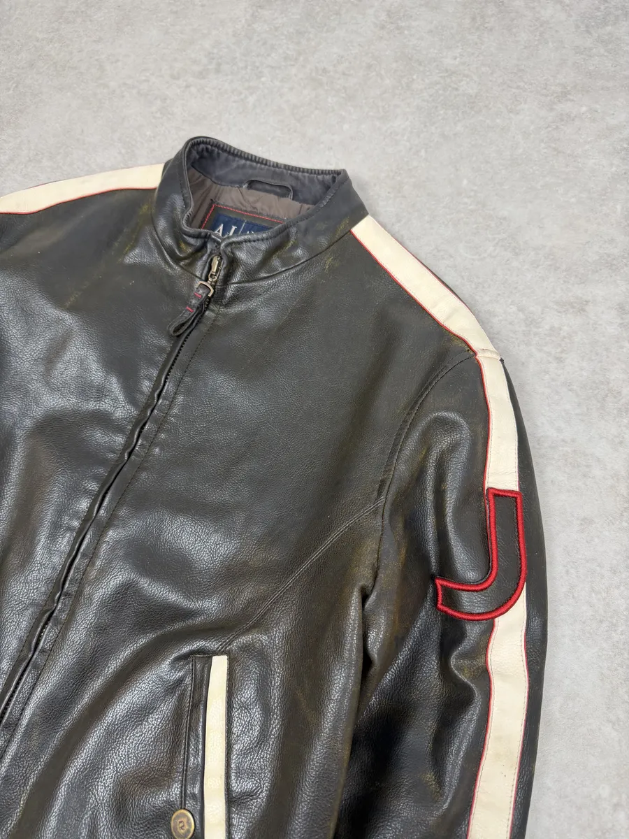 2000s Armani AJ Dark Biker Leather Jacket - Image 9