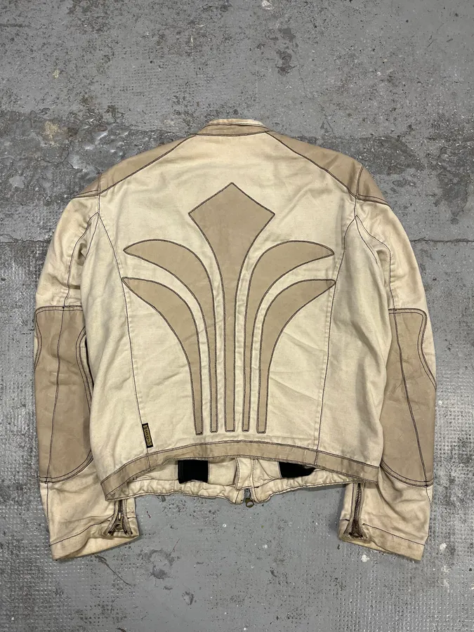 2000s Armani Beige Fleur De Lys Hybrid Leather Biker Jacket