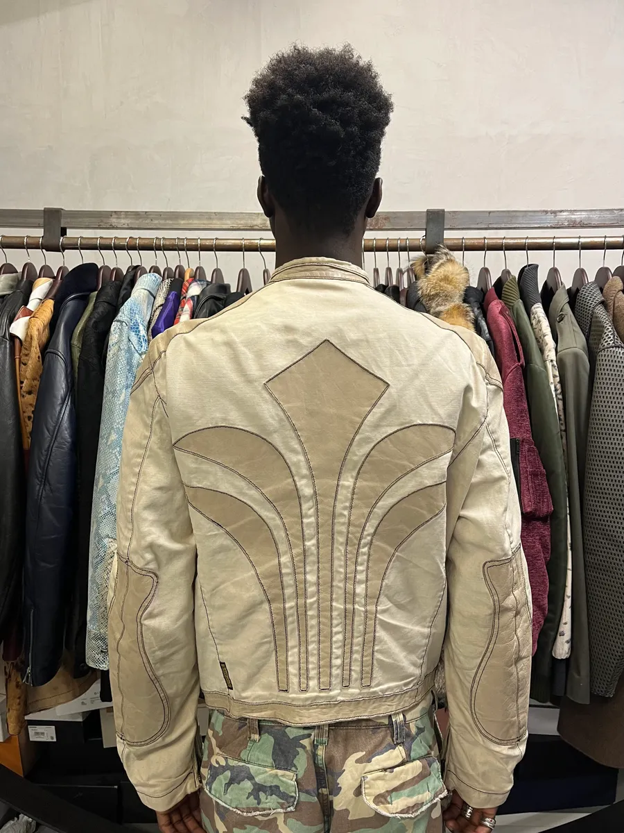 2000s Armani Beige Fleur De Lys Hybrid Leather Biker Jacket - Image 3