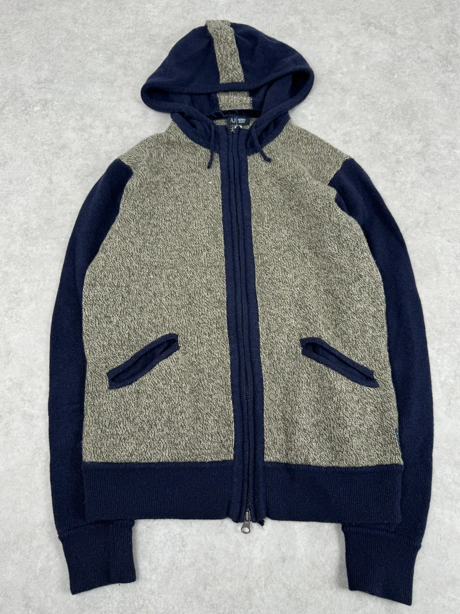 2000s Armani Beige & Navy Wool Zip-up Hoodie