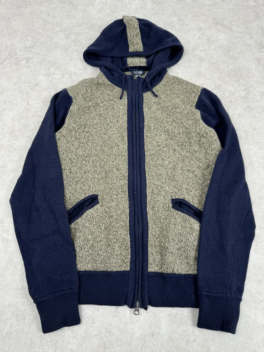 2000s Armani Beige & Navy Wool Zip-up Hoodie - Image 4