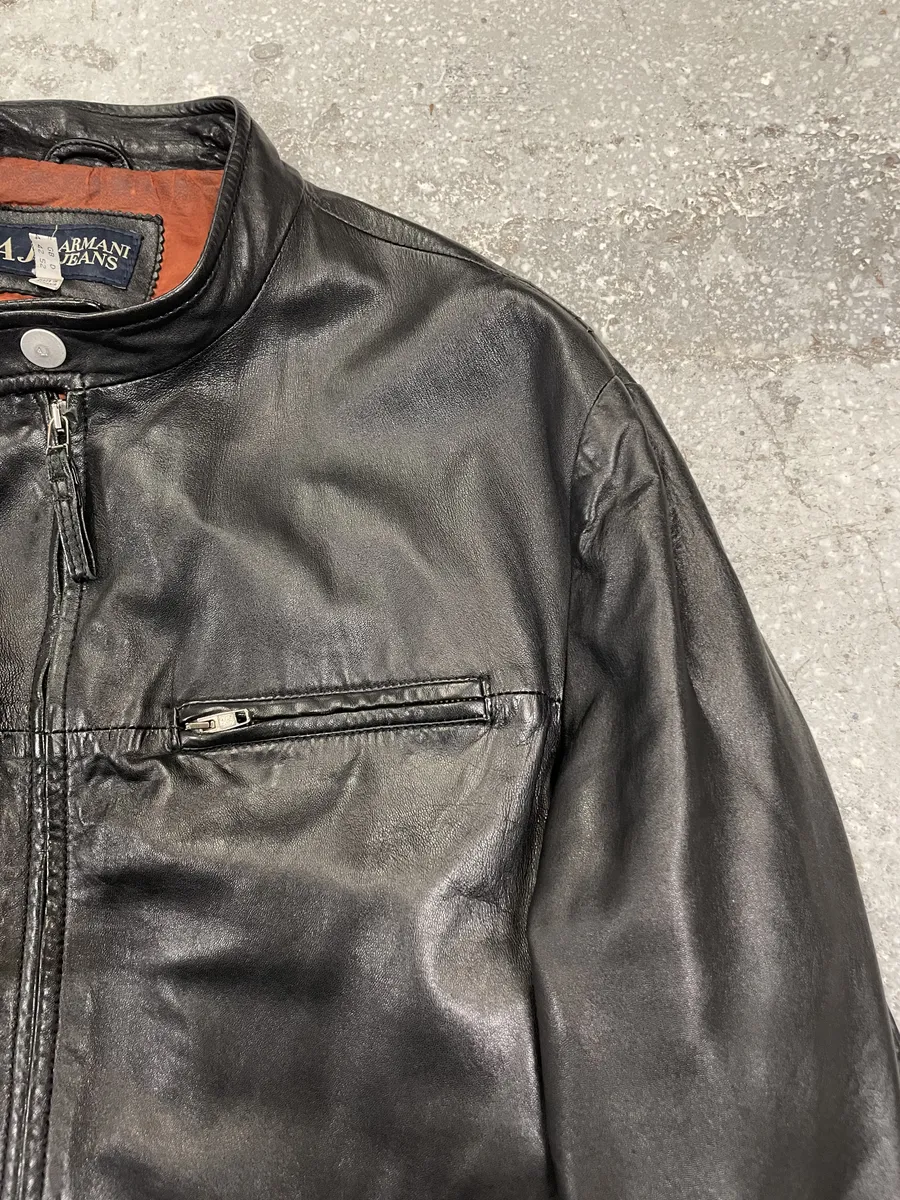 2000s Armani Biker Black Leather Jacket - Image 7