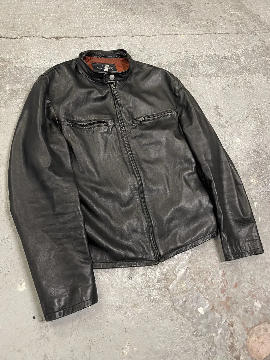 2000s Armani Biker Black Leather Jacket - Image 9