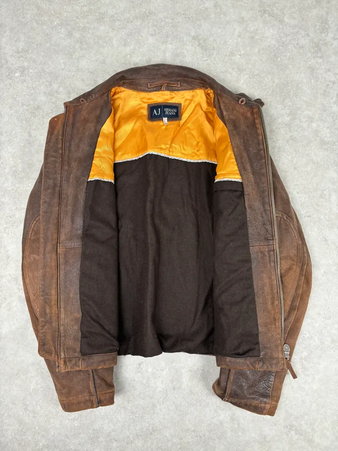 2000s Armani Biker Brown Faded Leather Jacket - Image 7