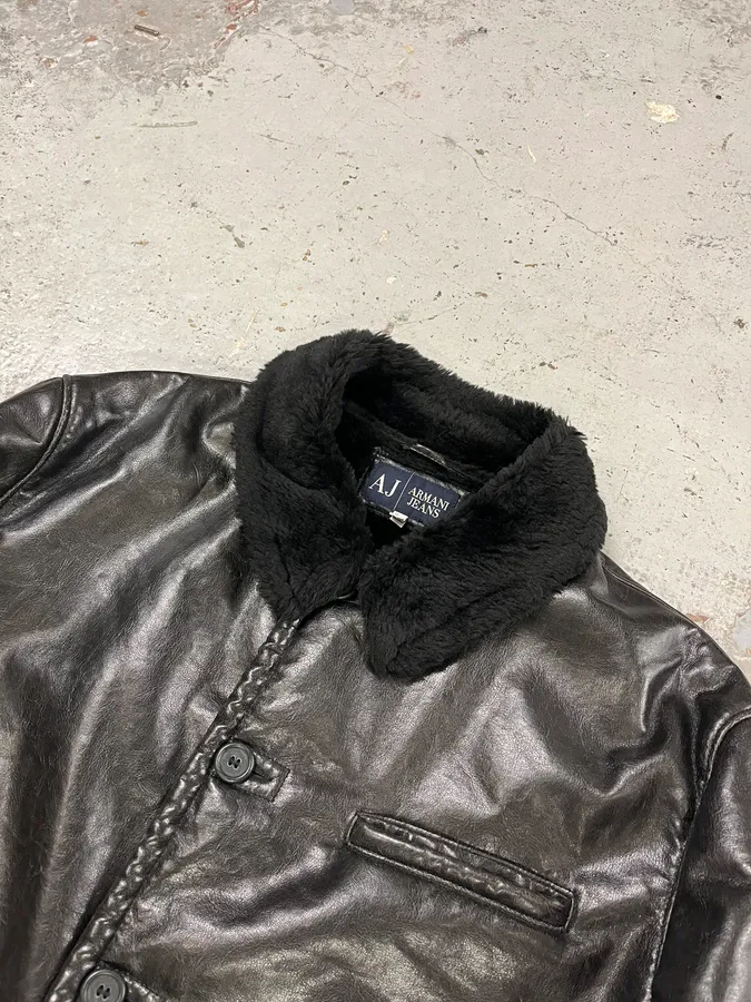 2000s Armani Black Faux Leather & Fur Long Coat - Image 5