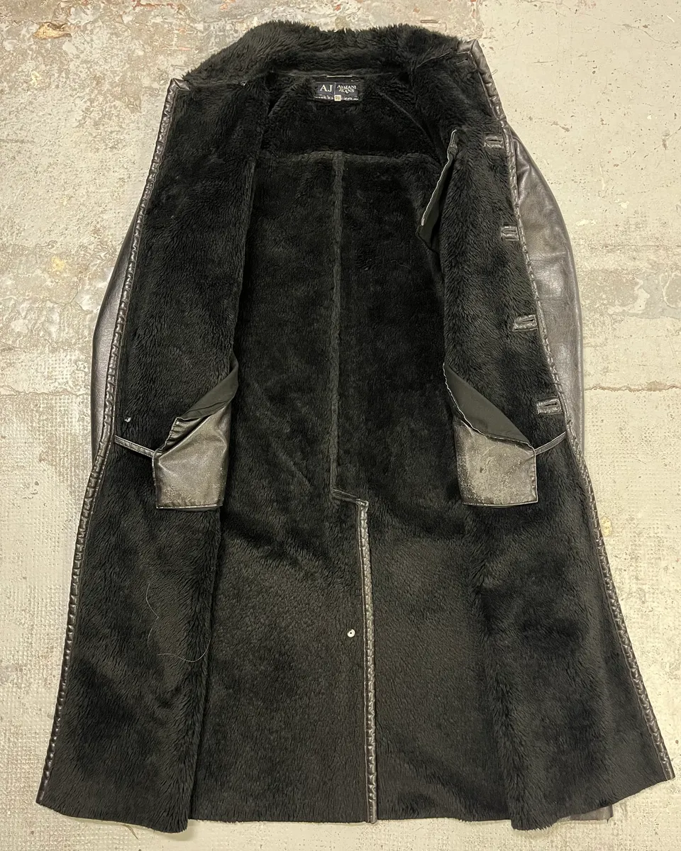 2000s Armani Black Faux Leather & Fur Long Coat - Image 8