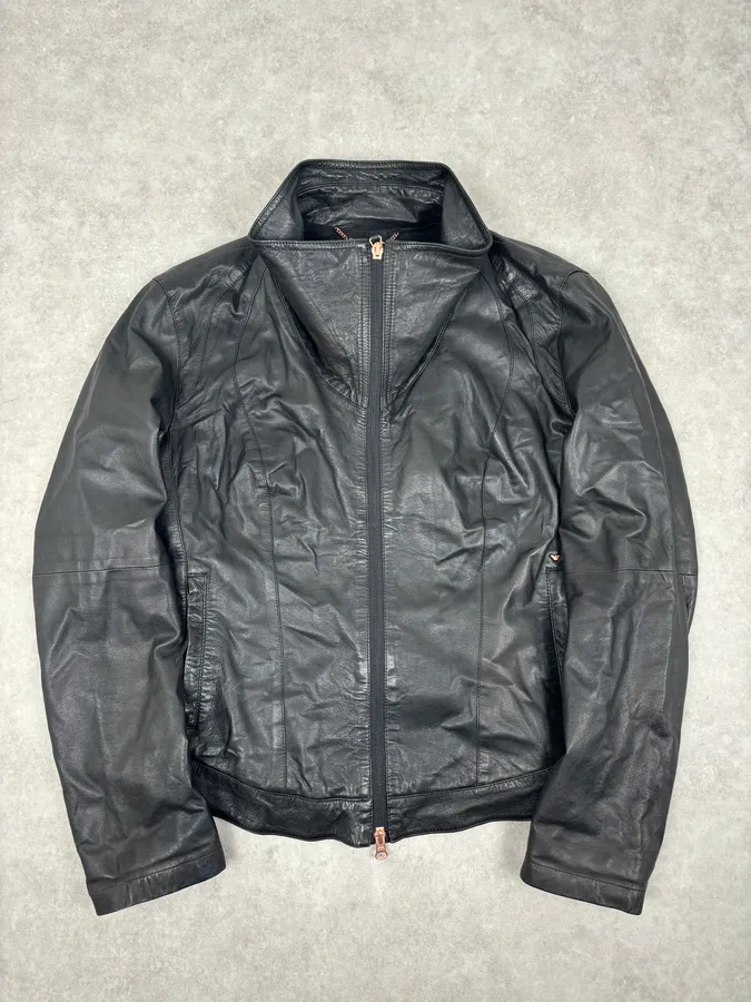 2000s Armani Black High-Neck Avant-Garde Leather Jacket