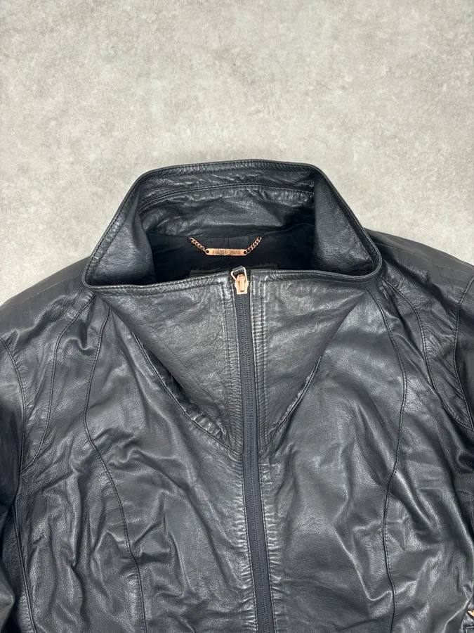 2000s Armani Black High-Neck Avant-Garde Leather Jacket - Image 4