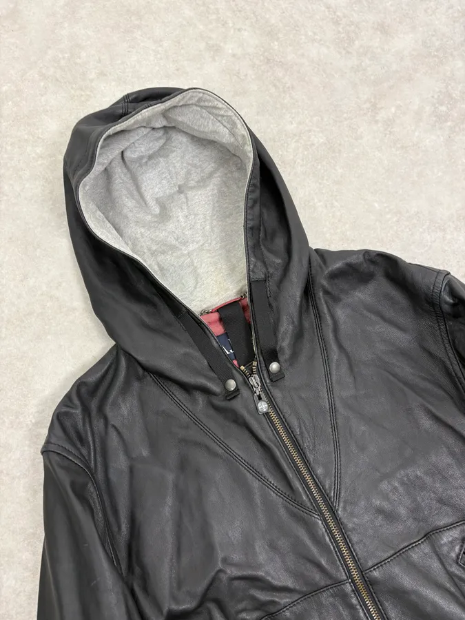 2000s Armani Black Hooded Bomber Leather Jacket - Image 5