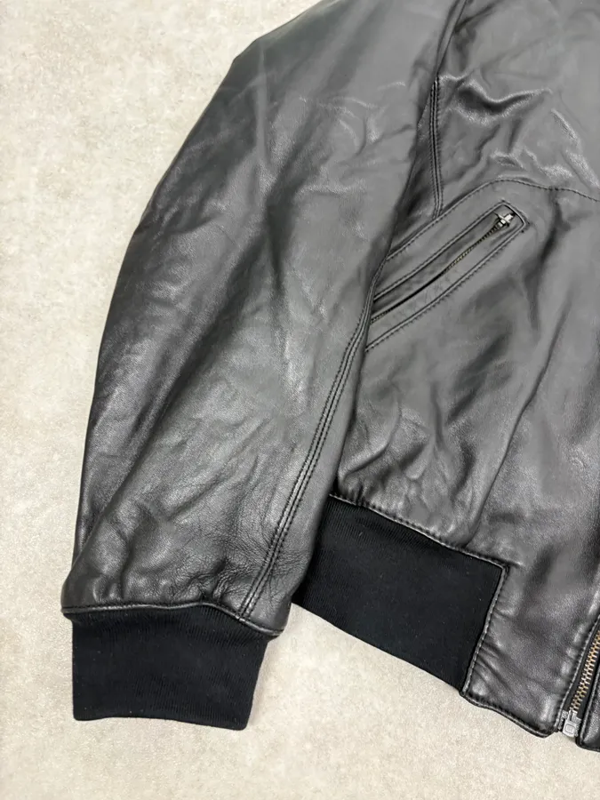 2000s Armani Black Hooded Bomber Leather Jacket - Image 8