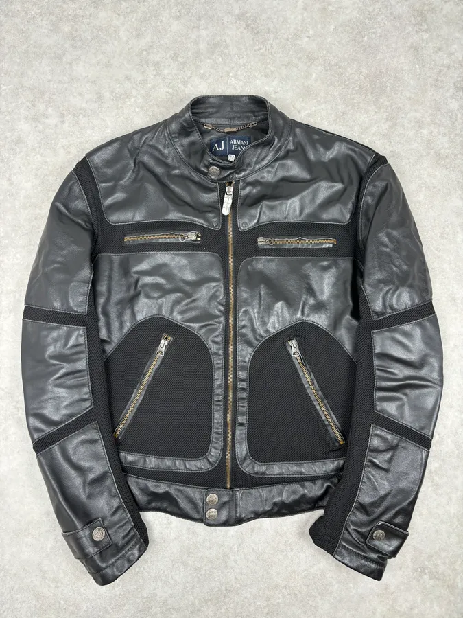 2000s Armani Black Hybrid Biker Leather Jacket
