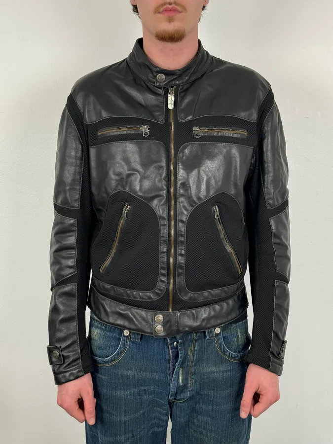 2000s Armani Black Hybrid Biker Leather Jacket - Image 2