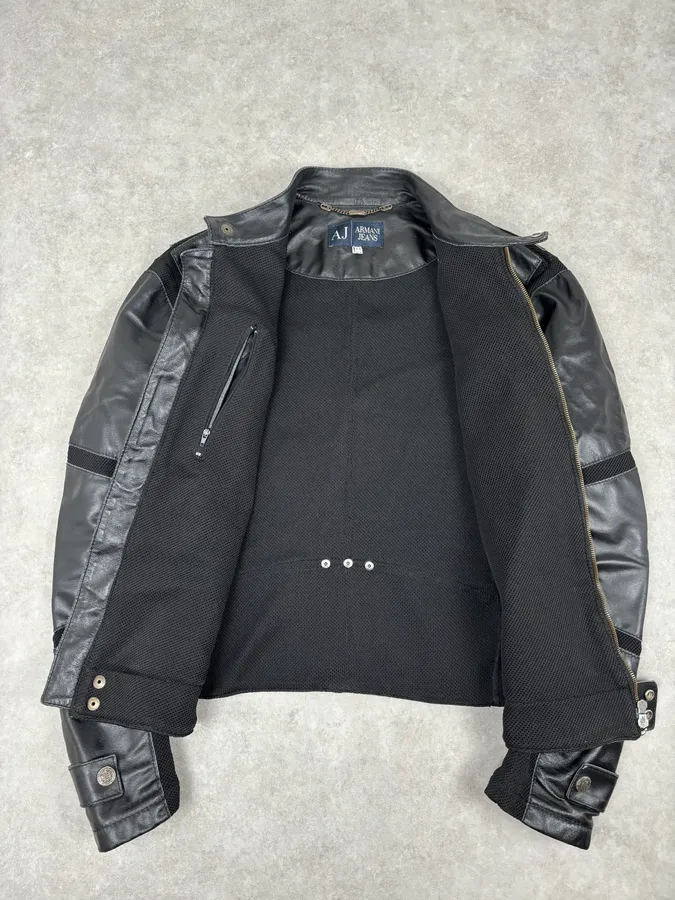 2000s Armani Black Hybrid Biker Leather Jacket - Image 7