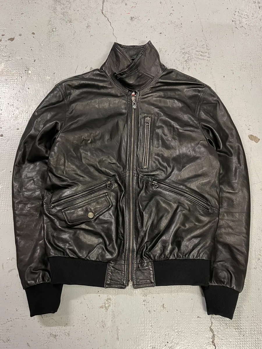 2000s Armani Black Leather Bomber Jacket