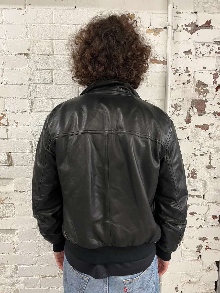 2000s Armani Black Leather Bomber Jacket - Image 3