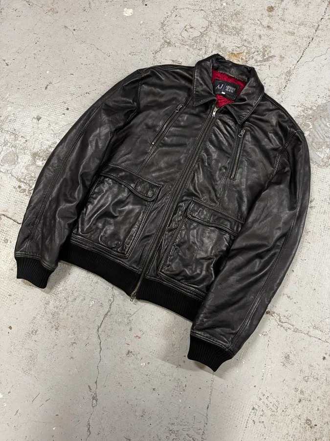 2000s Armani Black Leather Bomber Jacket - Image 3