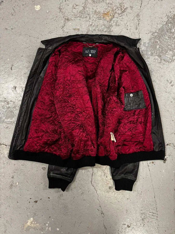 2000s Armani Black Leather Bomber Jacket - Image 7