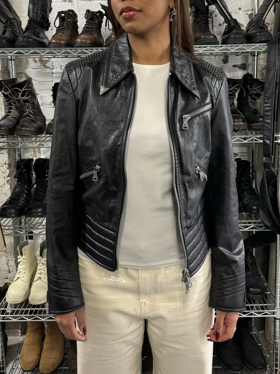 2000s Armani Black Leather Metallic Rock Embellished Jacket - Image 2