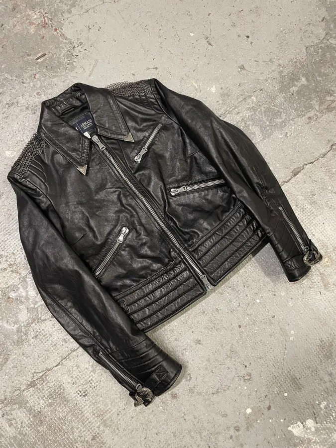 2000s Armani Black Leather Metallic Rock Embellished Jacket - Image 5