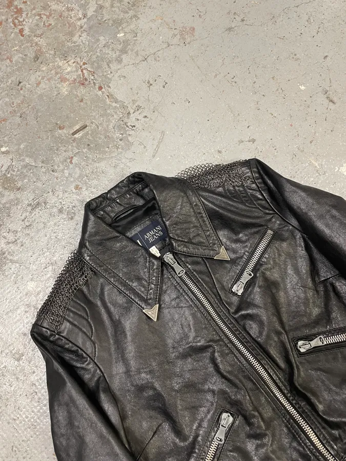 2000s Armani Black Leather Metallic Rock Embellished Jacket - Image 6