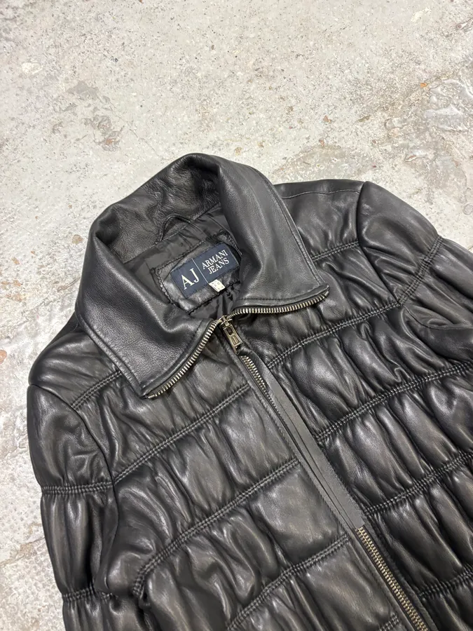 2000s Armani Black Leather Puffer Jacket - Image 5