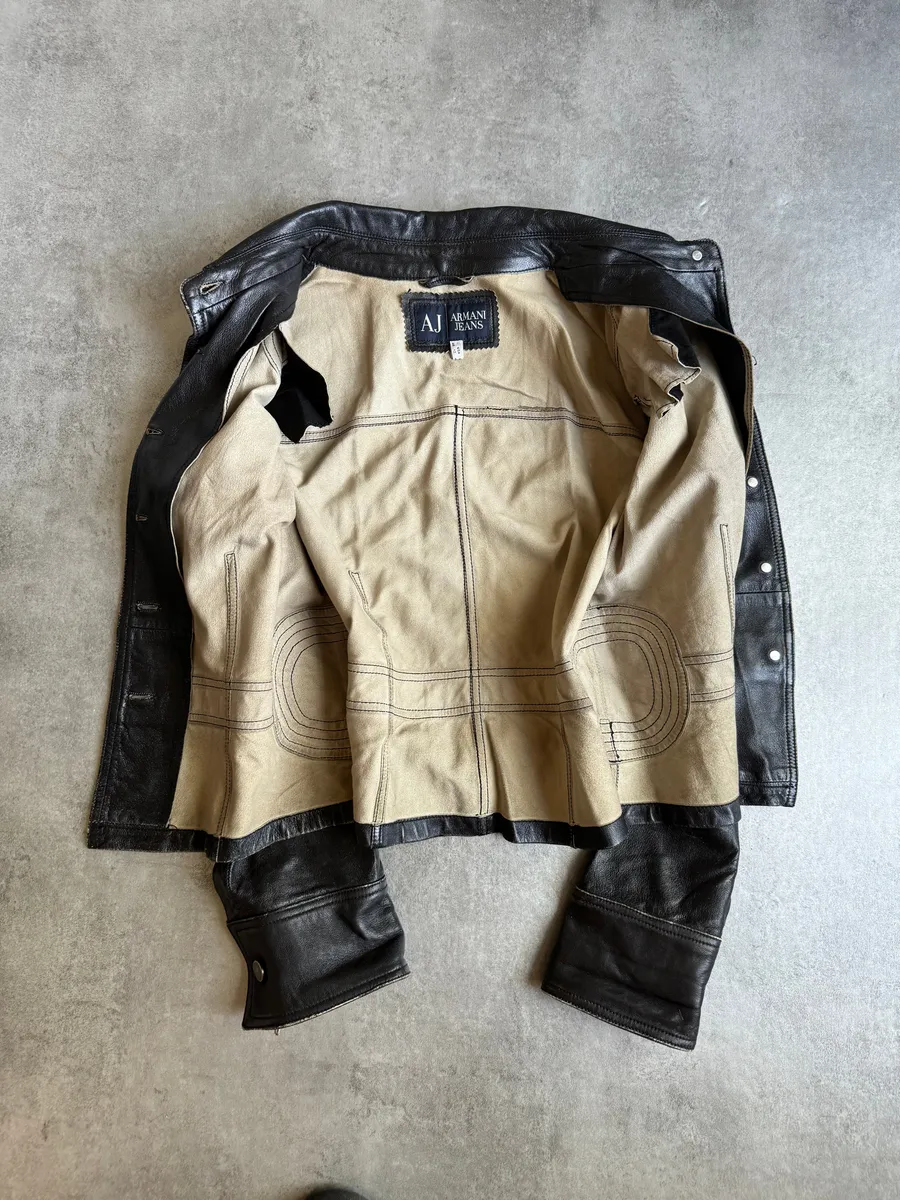 2000s Armani Black Padded Biker Leather Jacket - Image 2