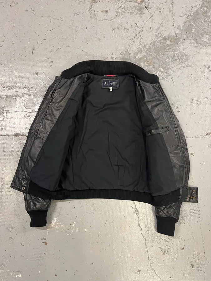 2000s Armani Black Quilted Leather Bomber Jacket - Image 9