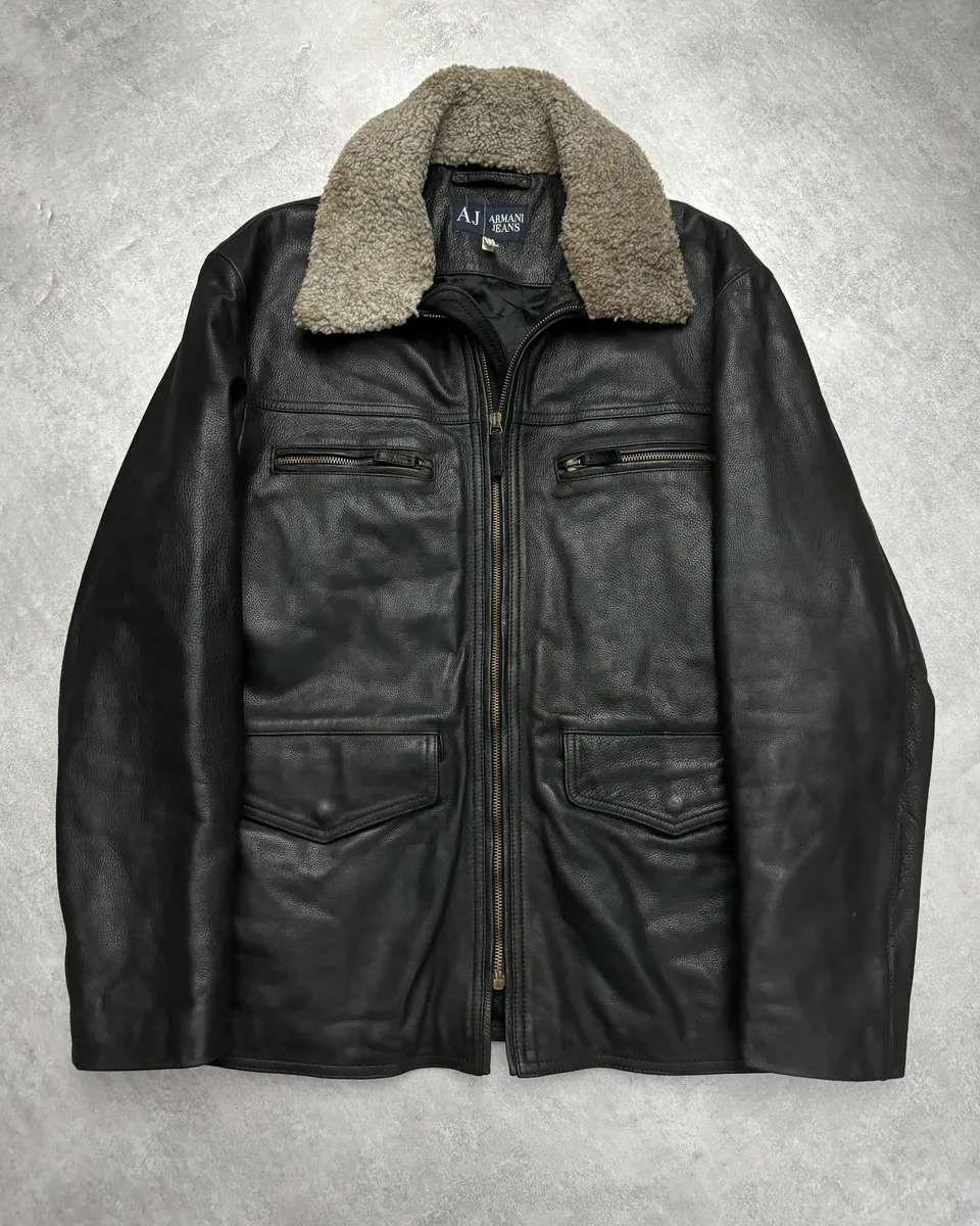 2000s Armani Black Shearling Biker Minimalist Leather Jacket
