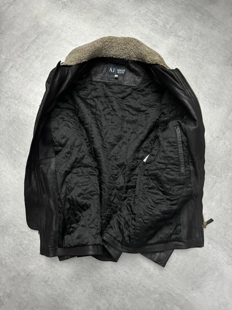 2000s Armani Black Shearling Biker Minimalist Leather Jacket - Image 4
