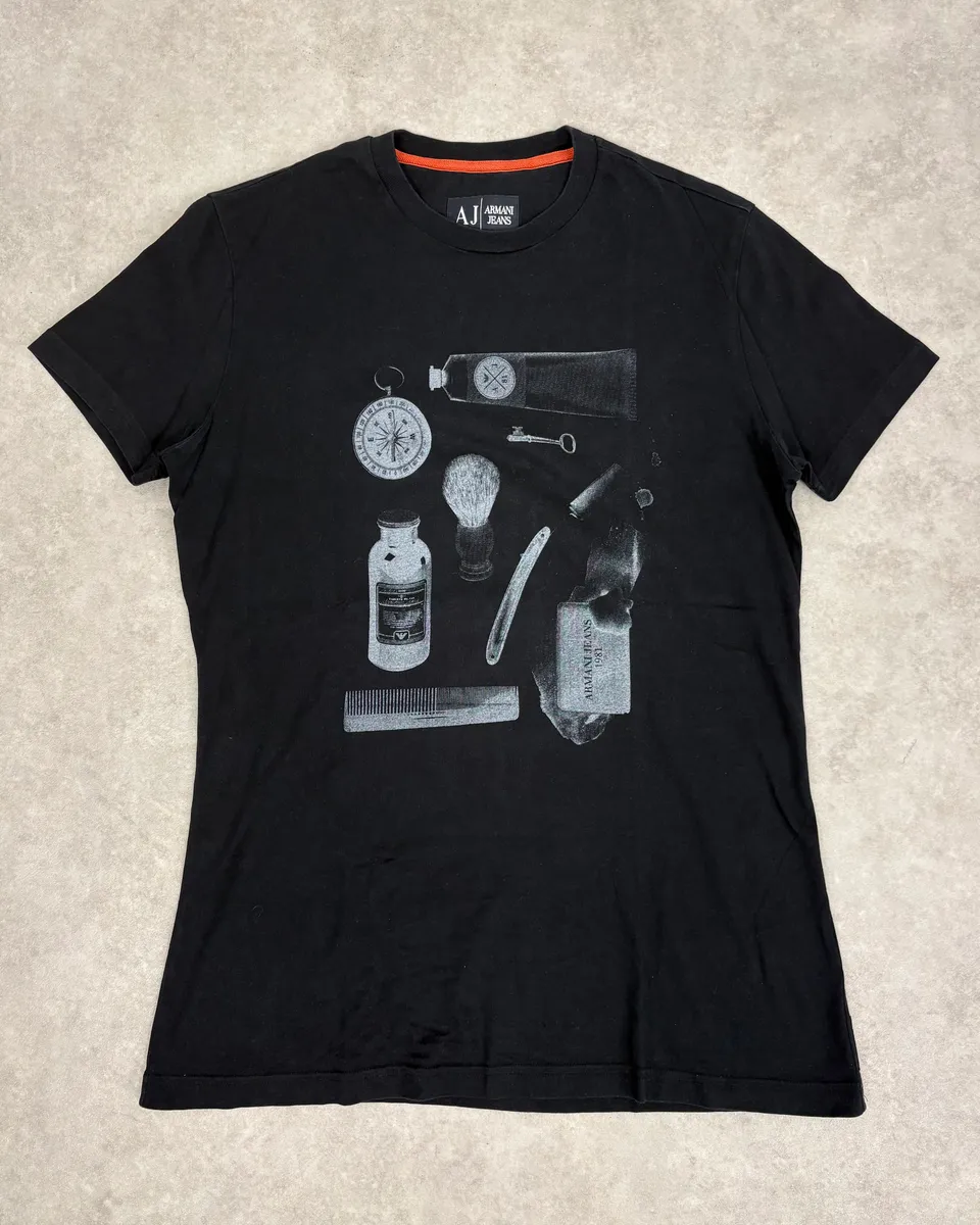 2000s Armani Black Time Tools Print T-Shirt