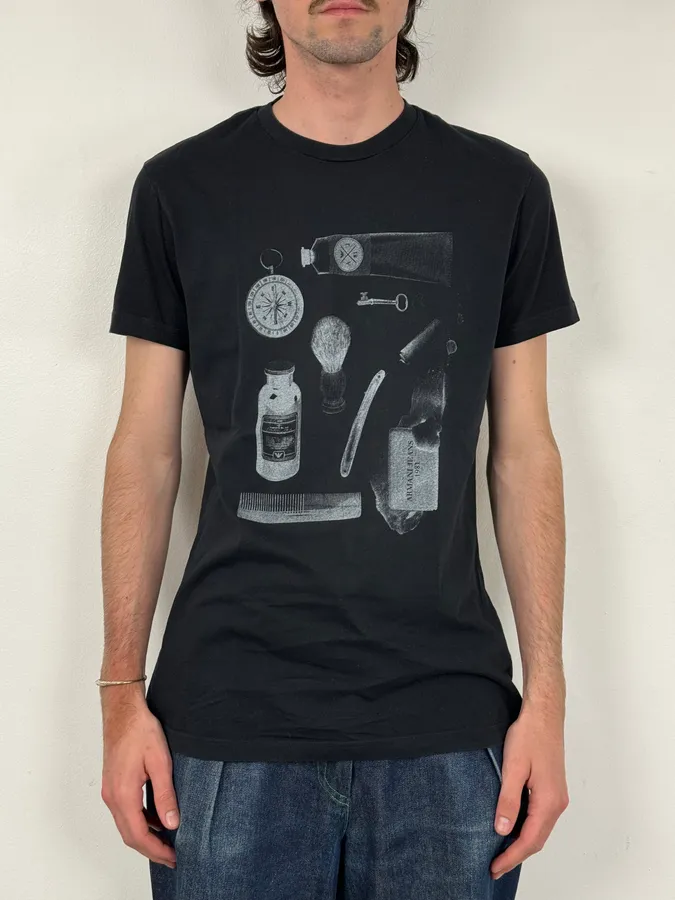 2000s Armani Black Time Tools Print T-Shirt - Image 2