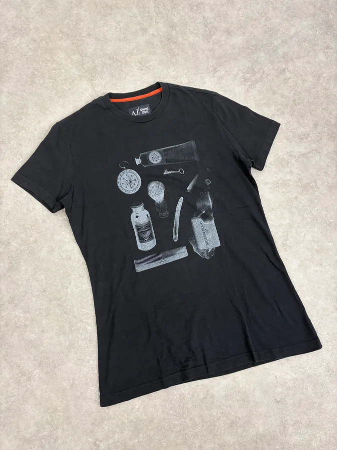 2000s Armani Black Time Tools Print T-Shirt - Image 4