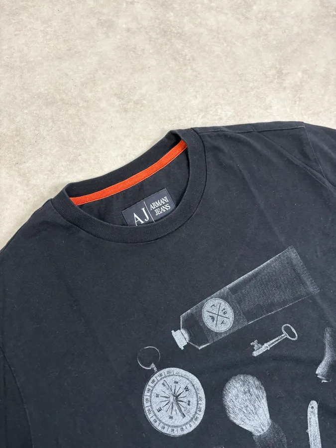 2000s Armani Black Time Tools Print T-Shirt - Image 5