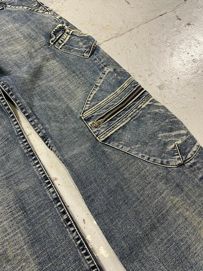 2000s Armani Blue Cargo Double Knee Biker Denim Jeans - Image 7