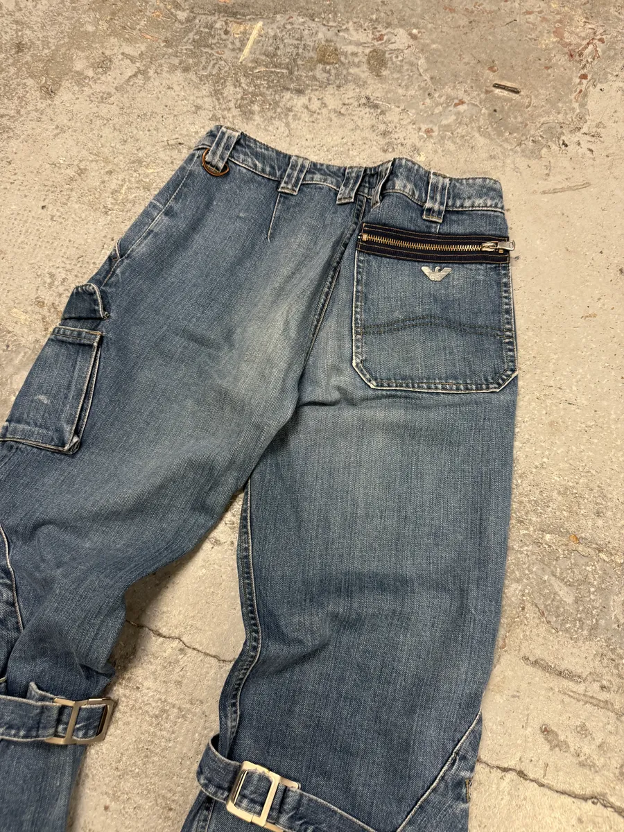 2000s Armani Blue Double Knee Cargo Bondage Denim Jeans - Image 11