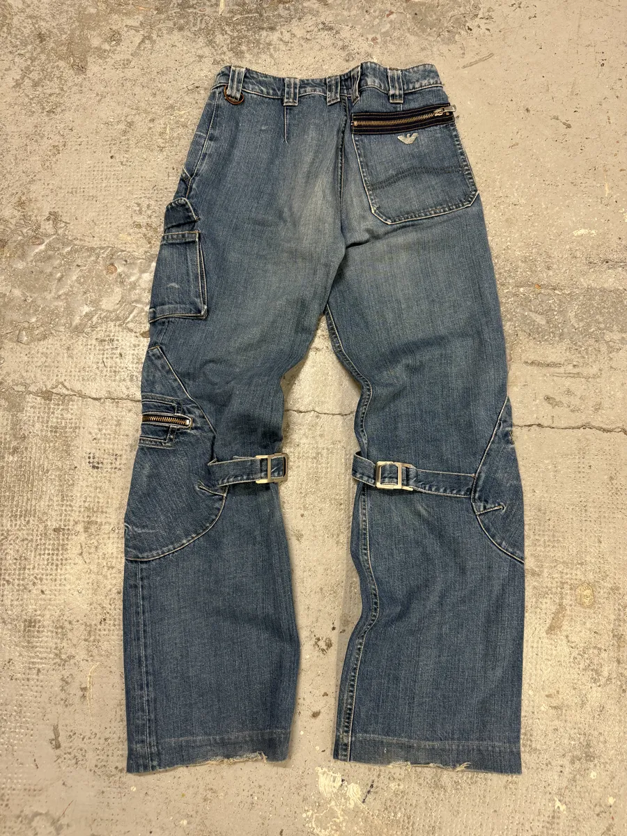 2000s Armani Blue Double Knee Cargo Bondage Denim Jeans - Image 5