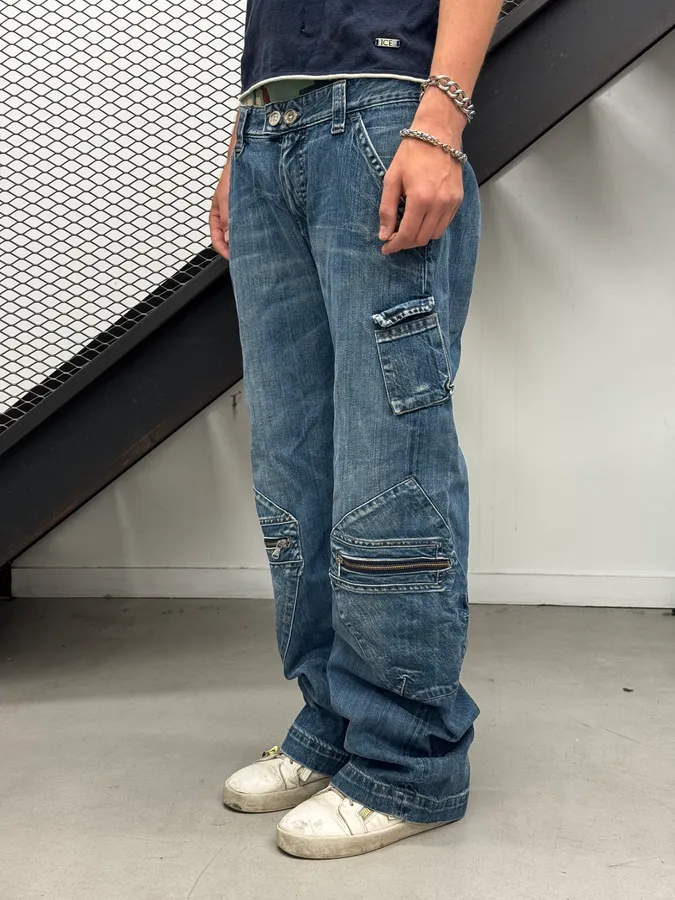 2000s Armani Blue Double Knee Denim Cargo Jeans - Image 2