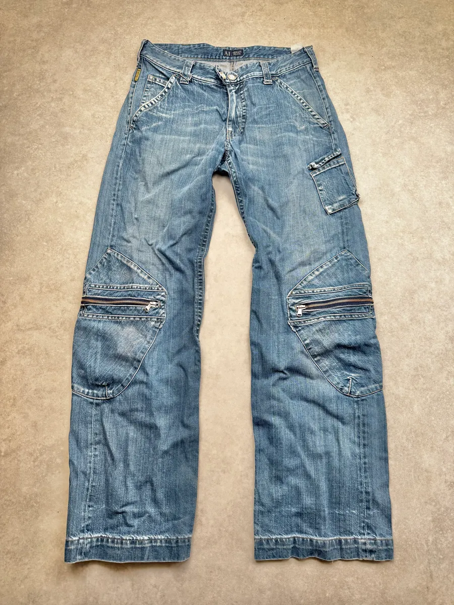 2000s Armani Blue Double Knee Denim Cargo Jeans - Image 4