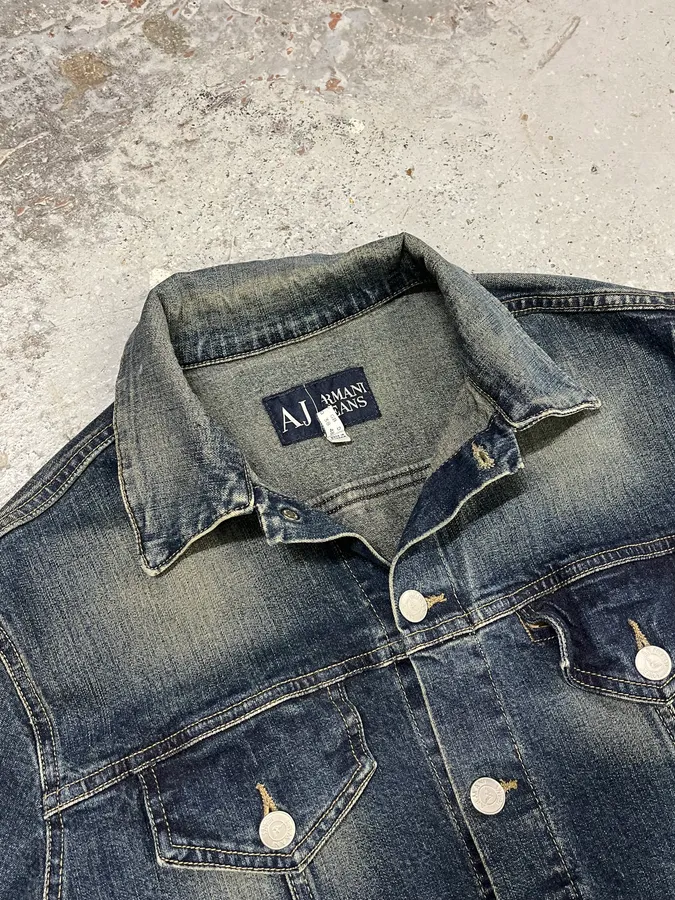 2000s Armani Blue Eroded Denim Jacket - Image 4