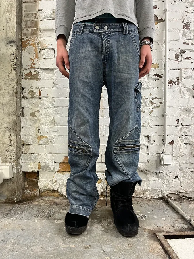 2000s Armani Blue Faded Denim Cargo Jeans