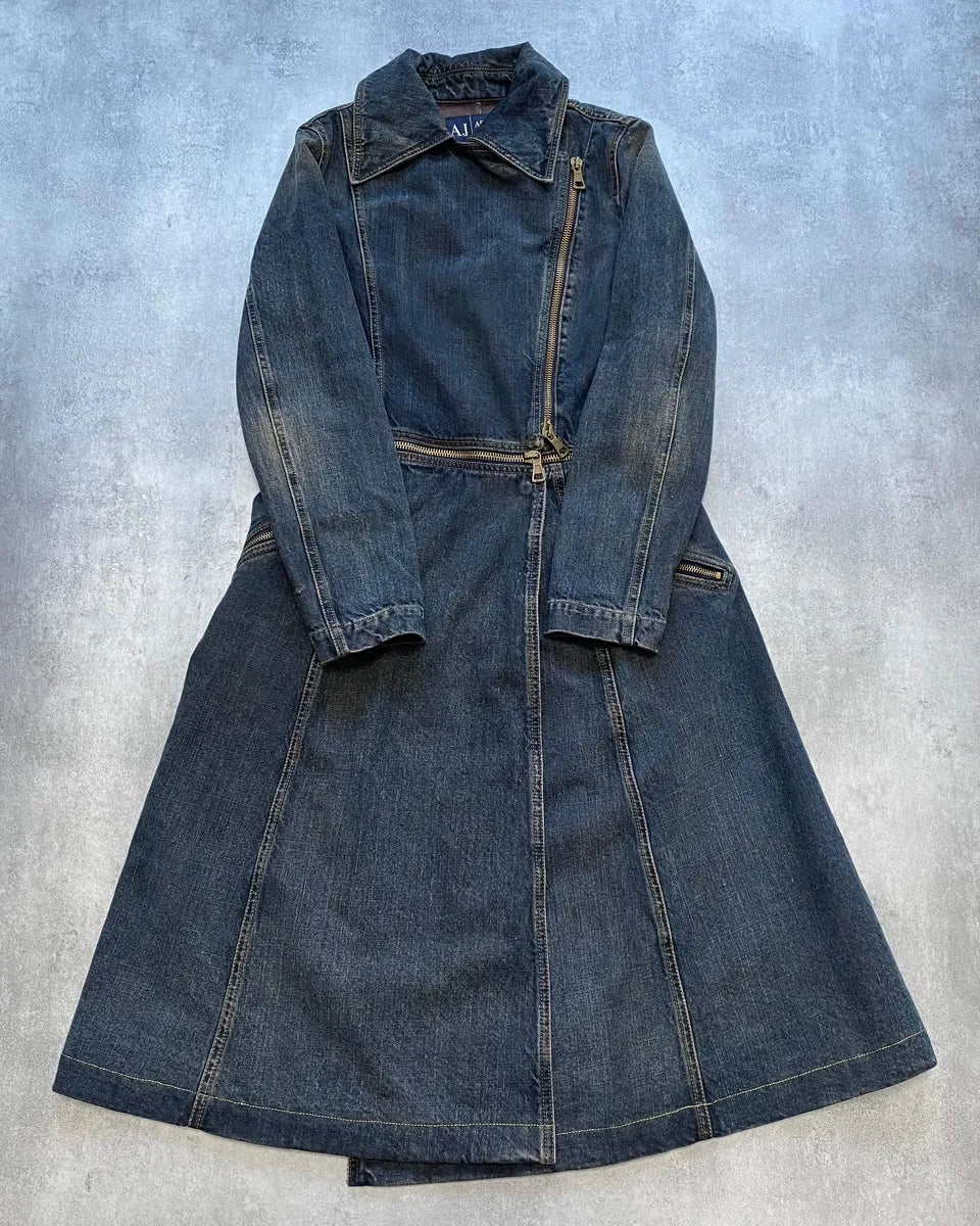 2000s Armani Blue Multi-Zips Denim Trench Coat