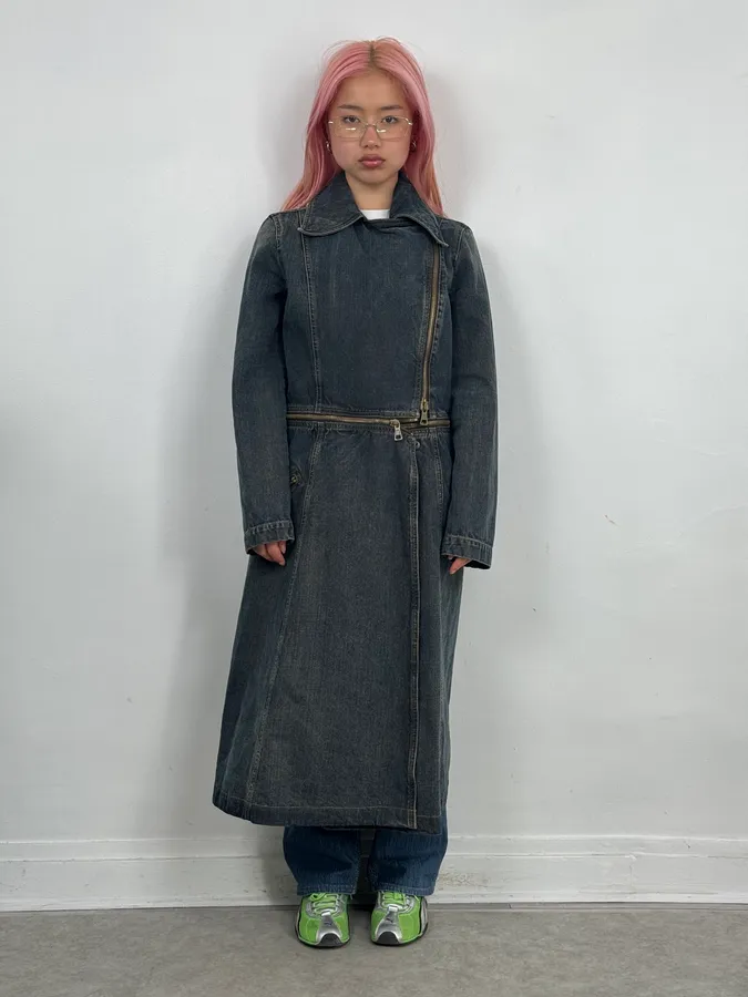 2000s Armani Blue Multi-Zips Denim Trench Coat - Image 2