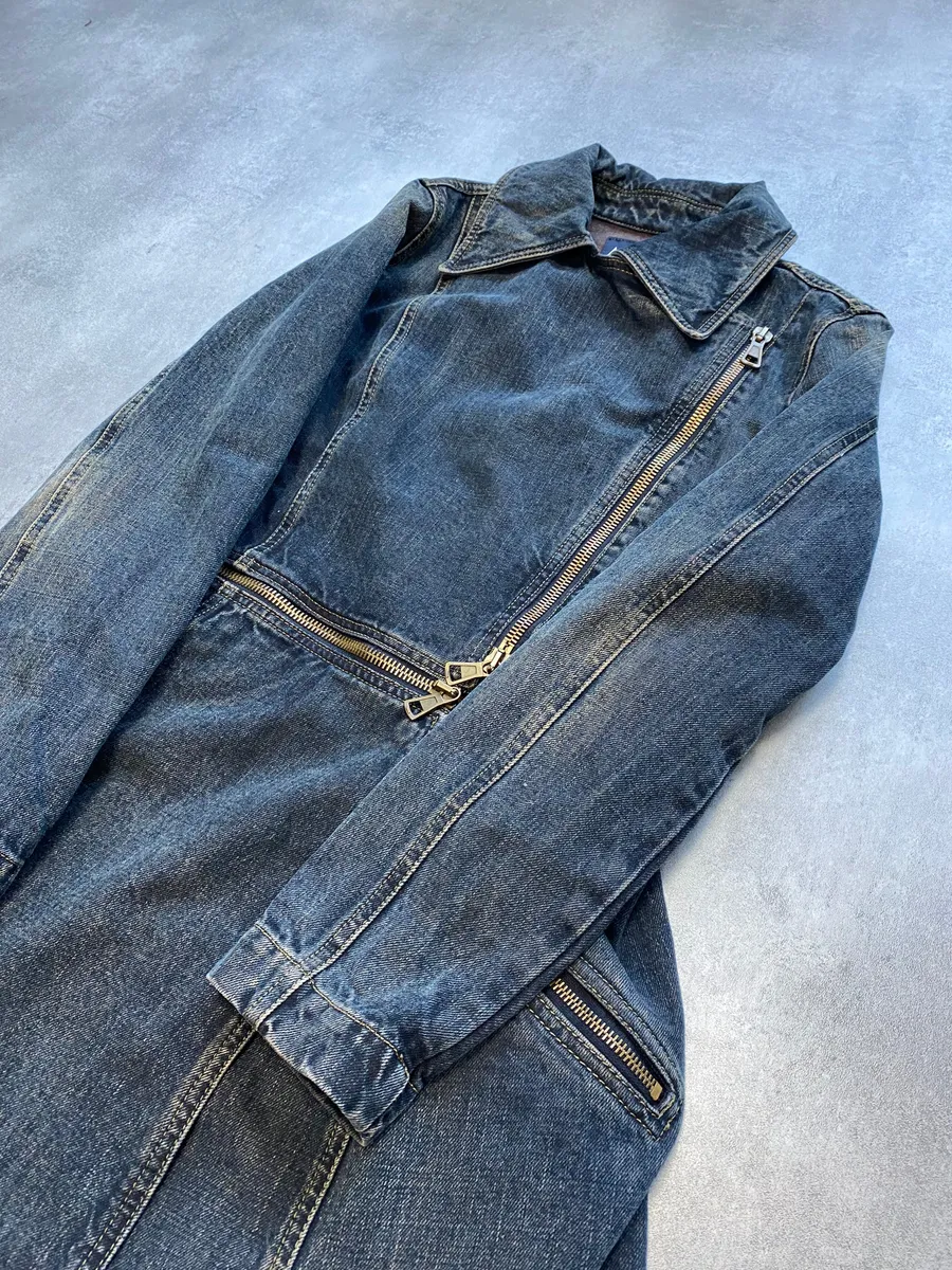 2000s Armani Blue Multi-Zips Denim Trench Coat - Image 4
