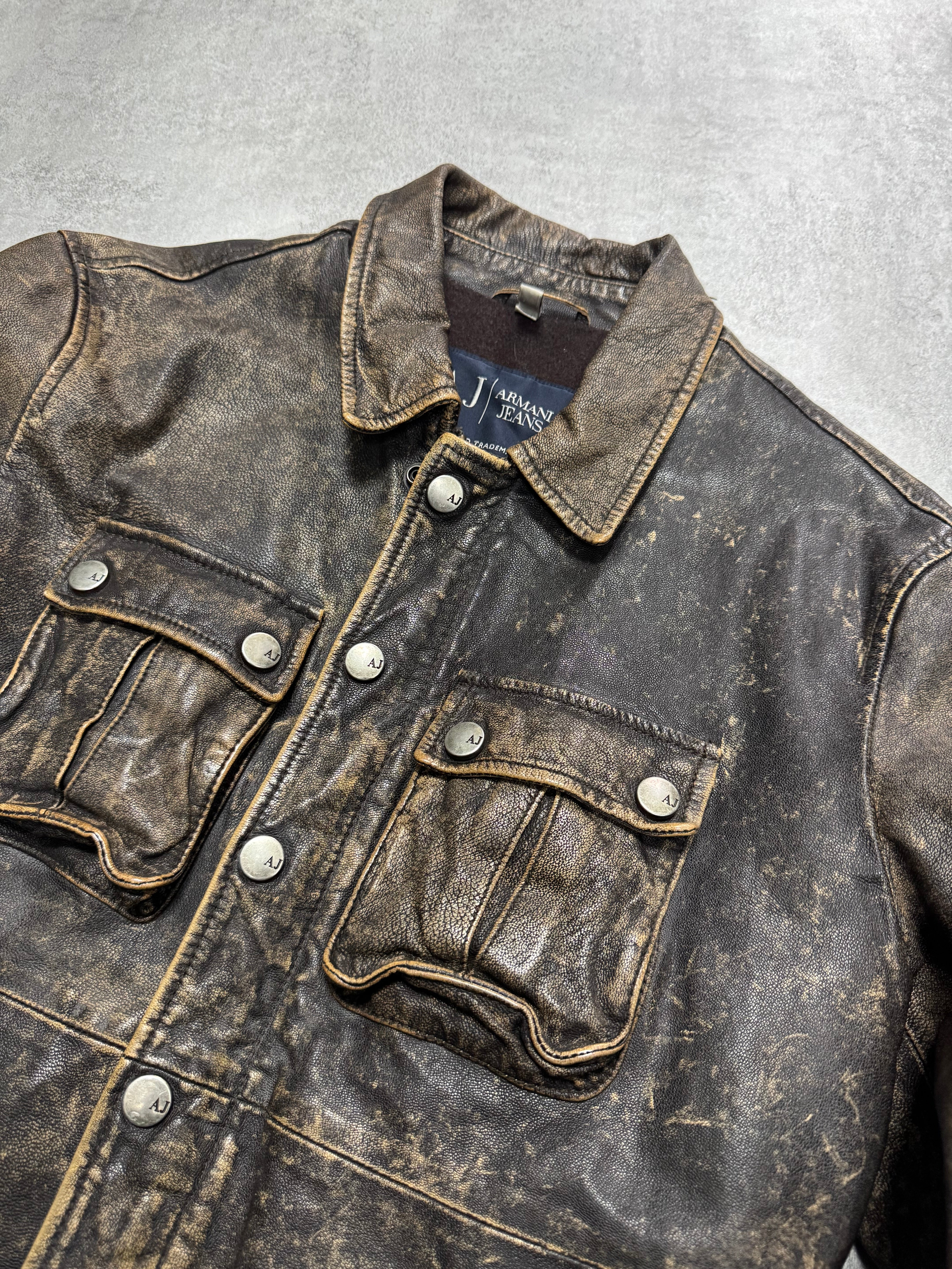 2000s Armani Brown Aged Leather Jacket - Image 3